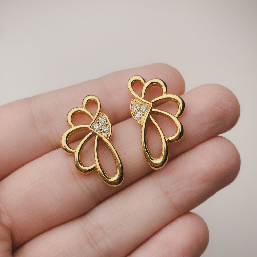 Vintage Avon Art Nouveau Asymmetrical Scallop Fan Shape Gold Rhinestone Earrings - Picture 6 of 8